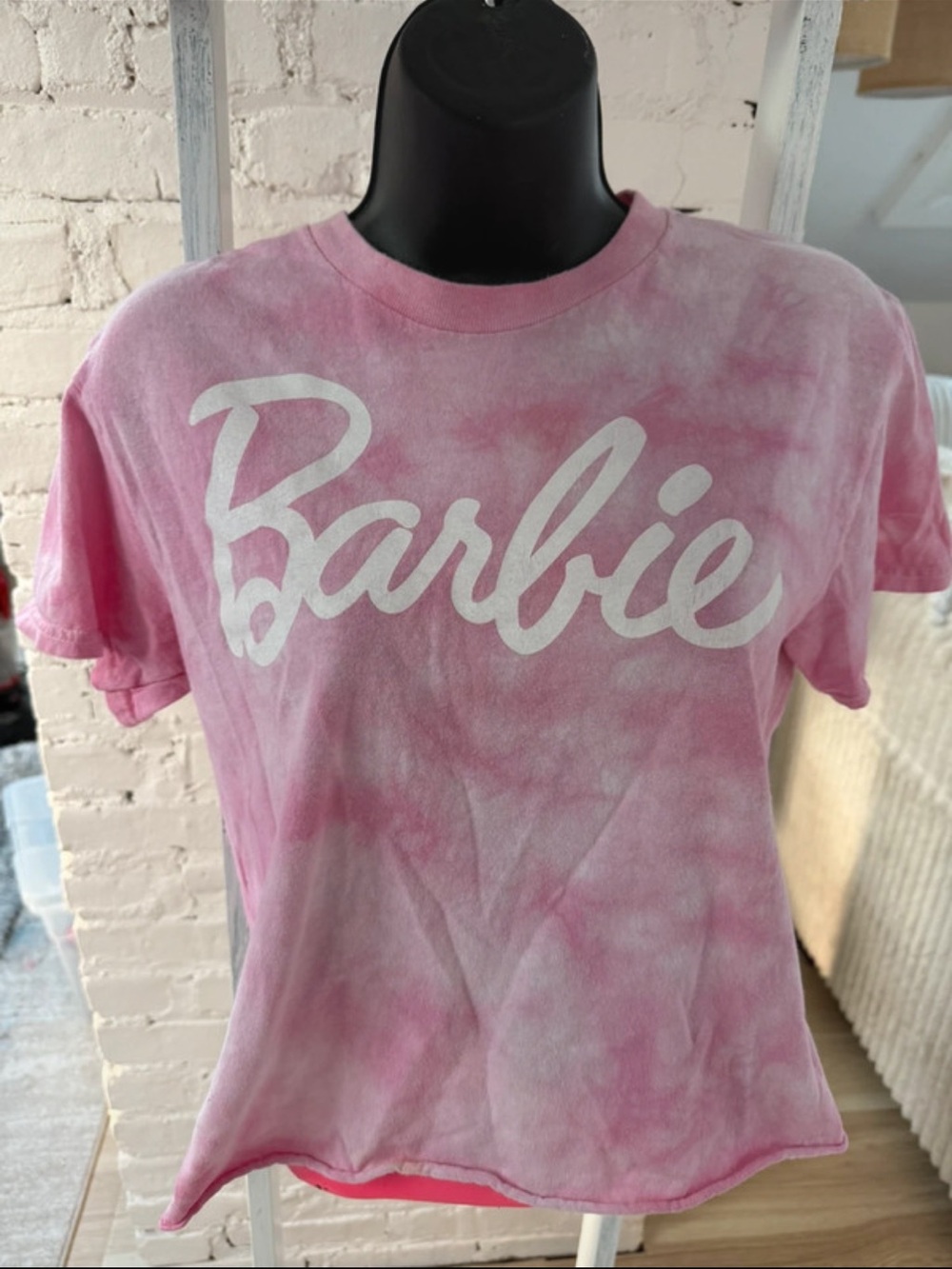 Barbie Pink Tie-Dye Cursive Logo Short Sleeve Baby Tee T-Shirt Size Small